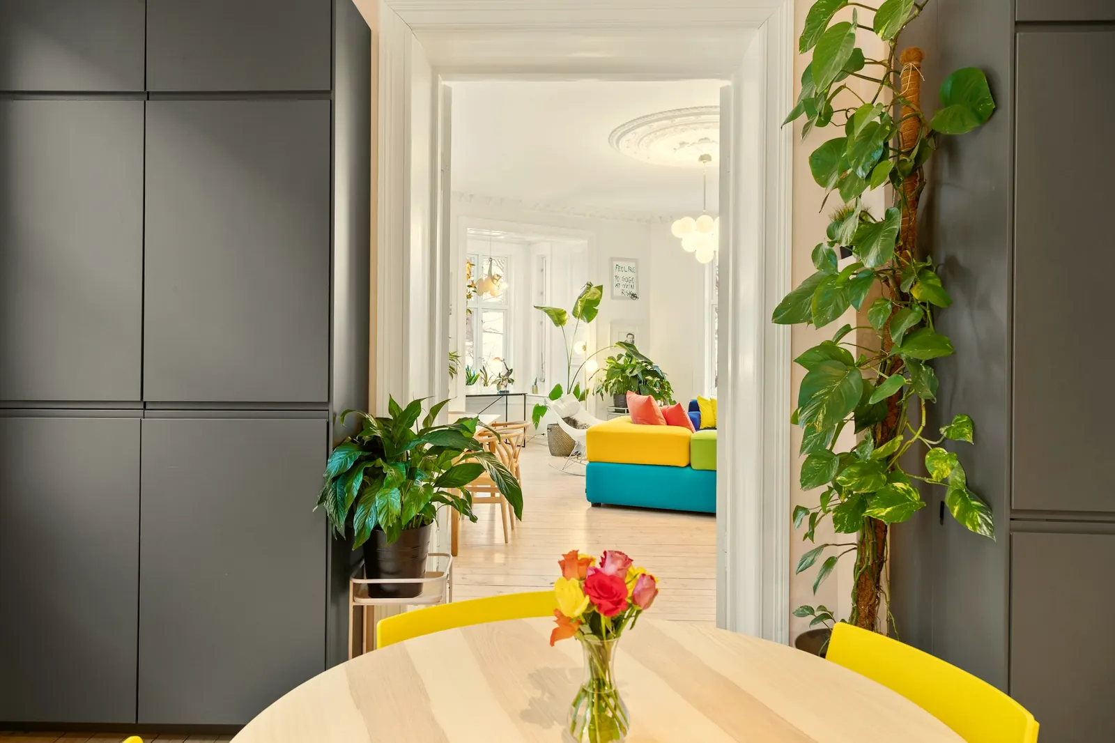 Table ronde et plantes, vue sur un séjour lumineux